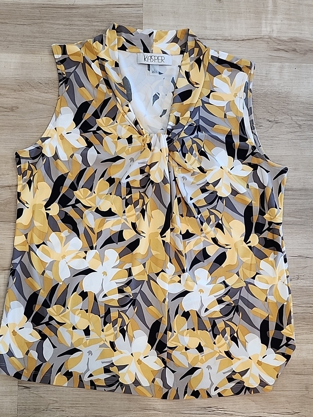 Kasper Yellow, White & Gray Floral Knot-Neck Sleeveless Top Nwot Large